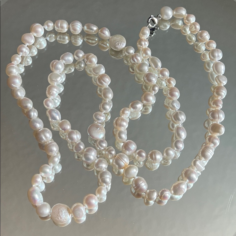 AUTHENTIC Freshwater Round and Flat Pearl Necklace 925 Sterling Clasp 36” NWT